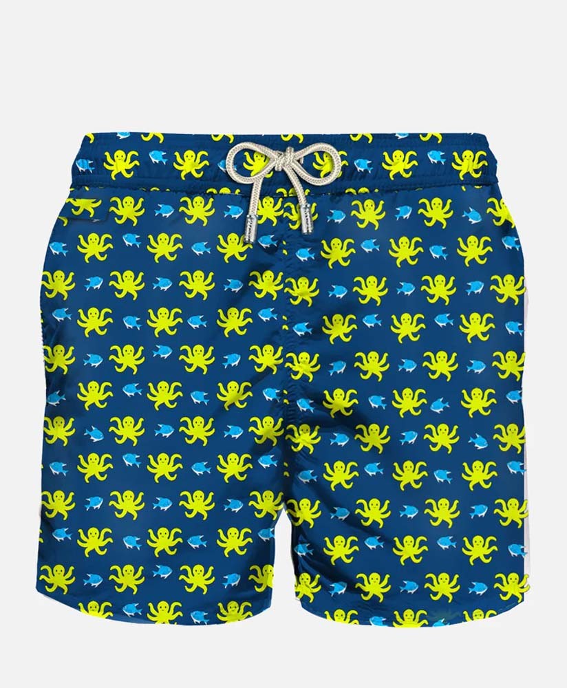 Man light fabric swim shorts with fish and octopus print